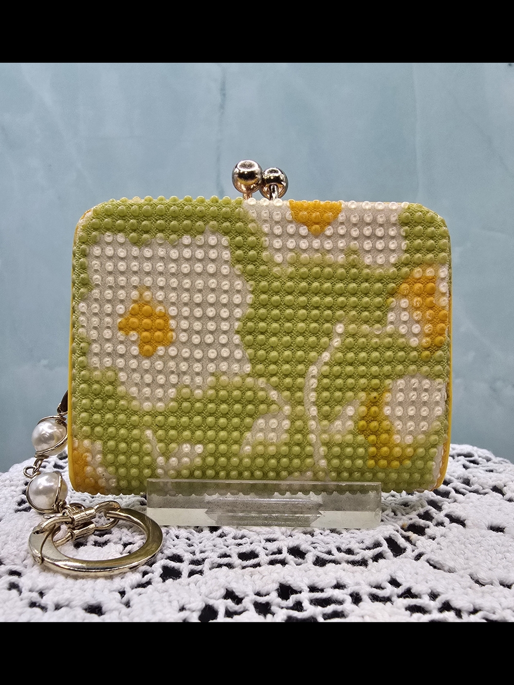 Green & Yellow Floral Beaded Coin Purse Keychain Vintage 70's
